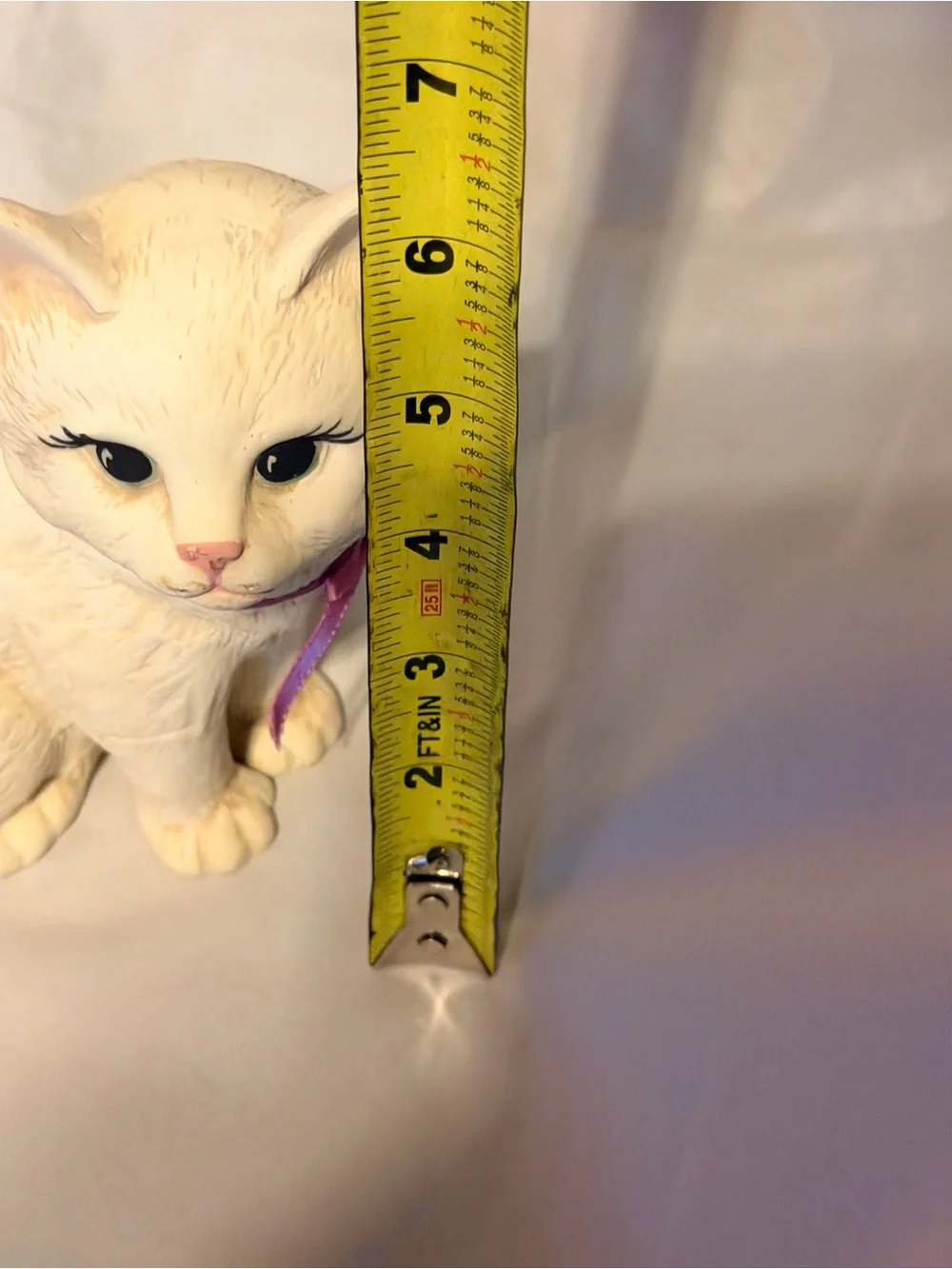 Vintage White Cat Figurine Pink Ribbon Big Eyes Cottagecore Kitty Decor
